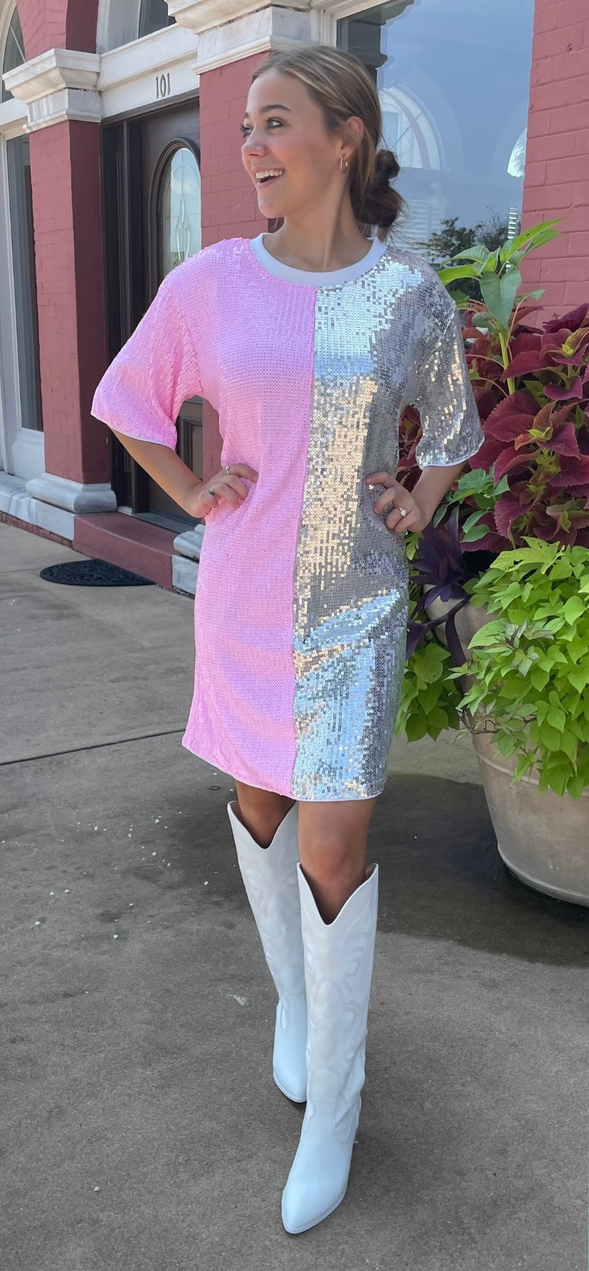 disco sequin dress Midi - Silver and Rose Gold Dress - Column Dress the Diana Silver Disco Dress is a must Barbie Disco Sequin Dress