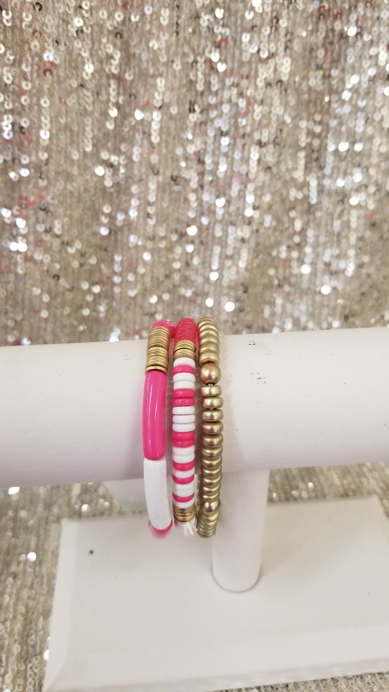 Gold/Pink/Clear/White Bead Bracelet Set