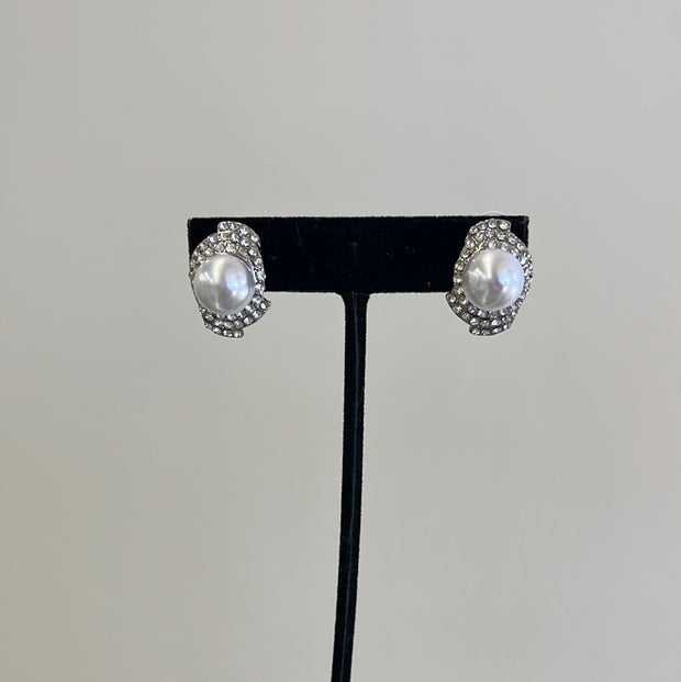 Pearl and Swirled Diamond Clip On Studs