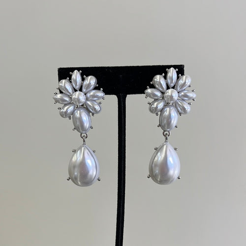 Pearl Big Dangle Clip On Earrings