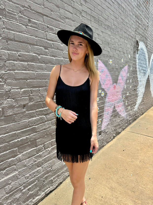 Black fringe mini dress