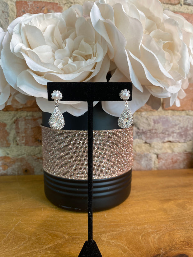 Pearl Silver Rhinestone Tear Drop Earrings