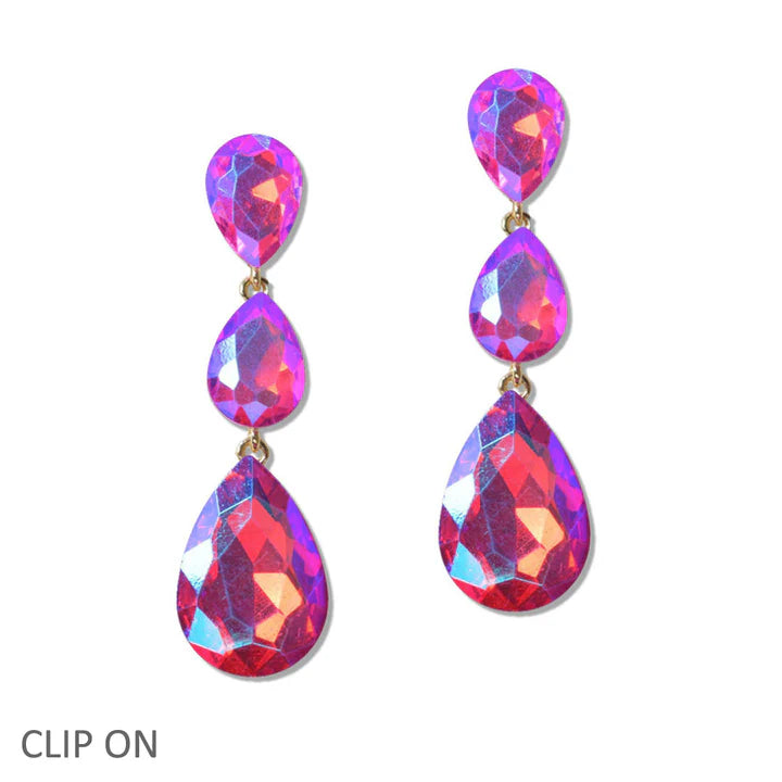 Triple Teardrop Rhinestone Clip On Earring