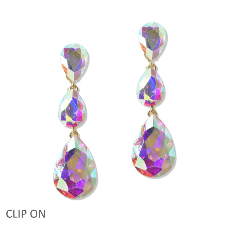 Triple Teardrop Rhinestone Clip On Earring