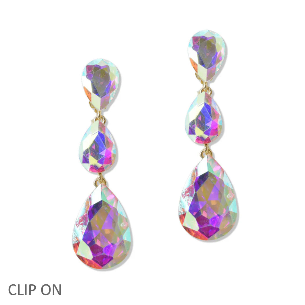 Triple Teardrop Rhinestone Clip On Earring