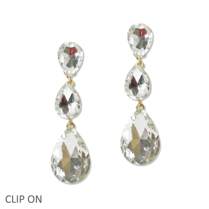 Triple Teardrop Rhinestone Clip On Earring