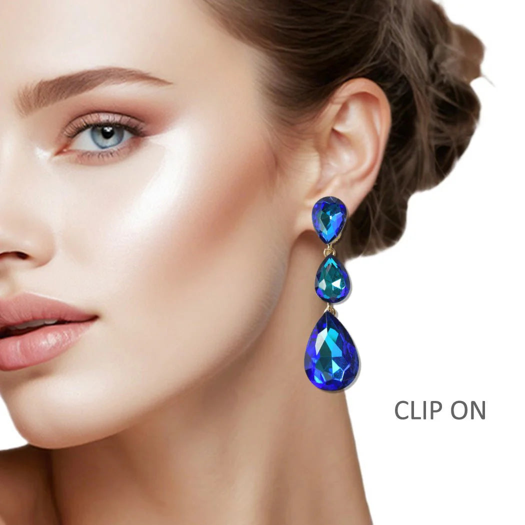 Triple Teardrop Rhinestone Clip On Earring