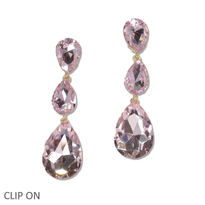 Triple Teardrop Rhinestone Clip On Earring