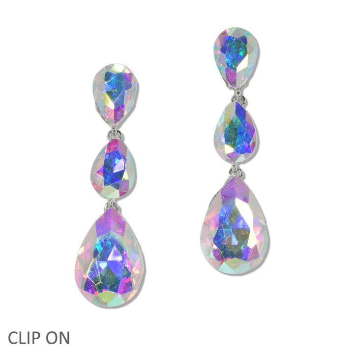 Triple Teardrop Rhinestone Clip On Earring