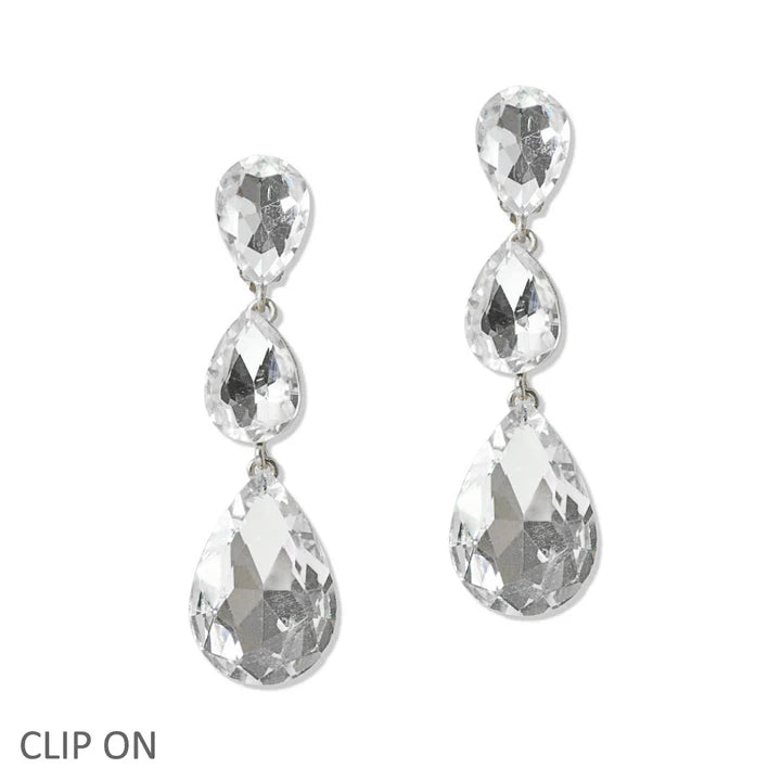 Triple Teardrop Rhinestone Clip On Earring