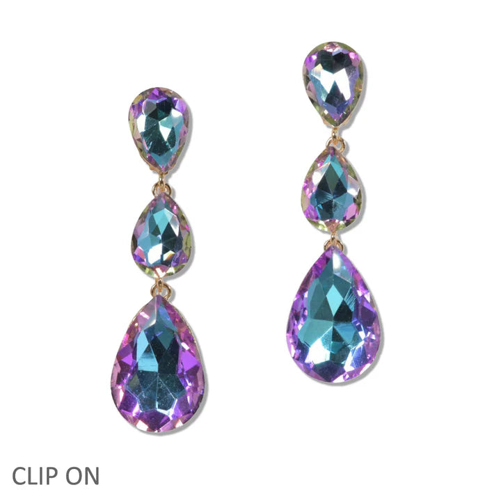 Triple Teardrop Rhinestone Clip On Earring