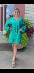 Green Sequin V-Neck Long Sleeve Mini Dress