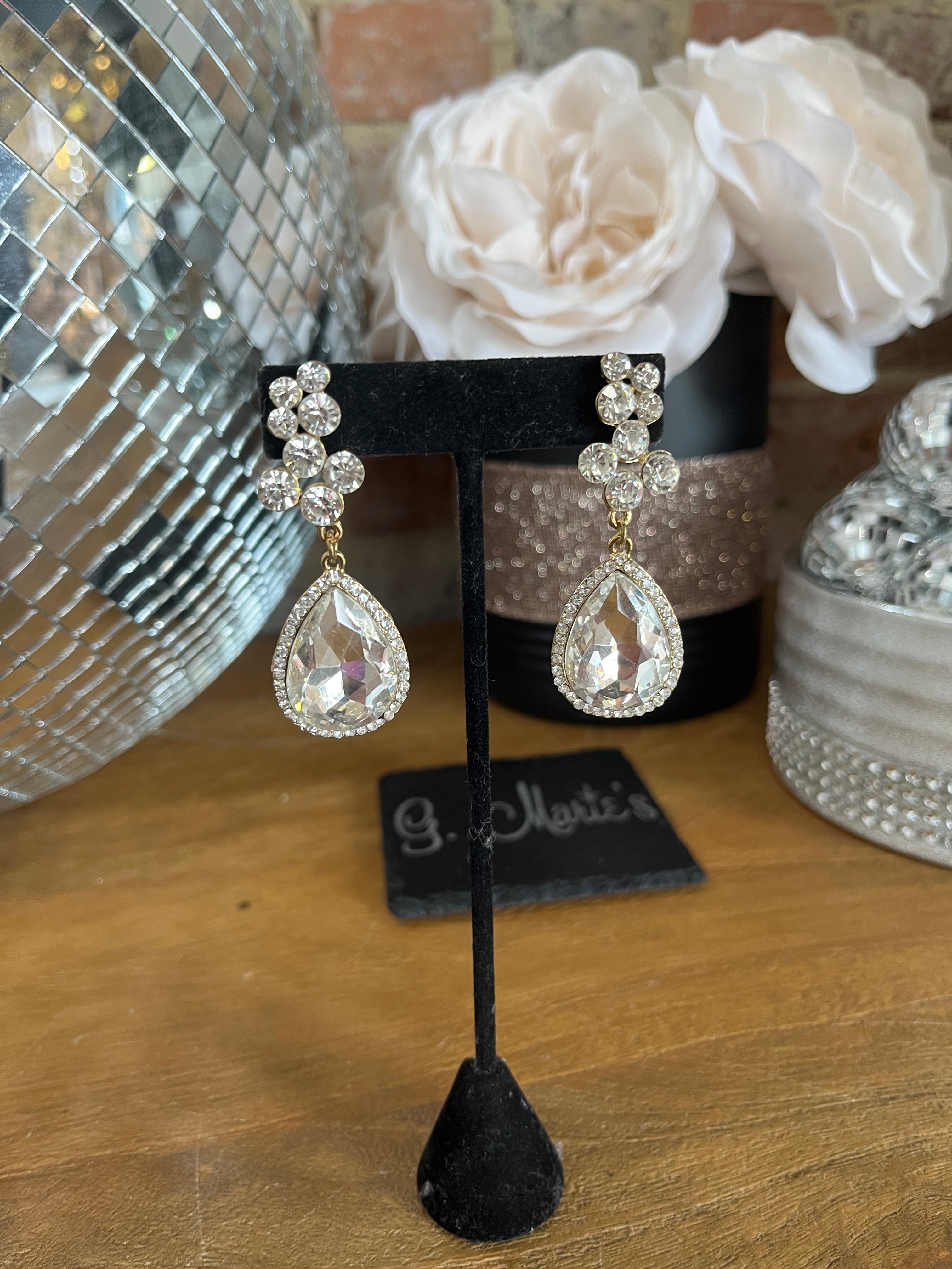 Silver Rhinestone Drop Earrings Gold Back