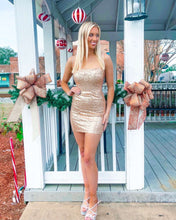 Load image into Gallery viewer, Scoop Neck Sequin Mini Dress Rose Gold